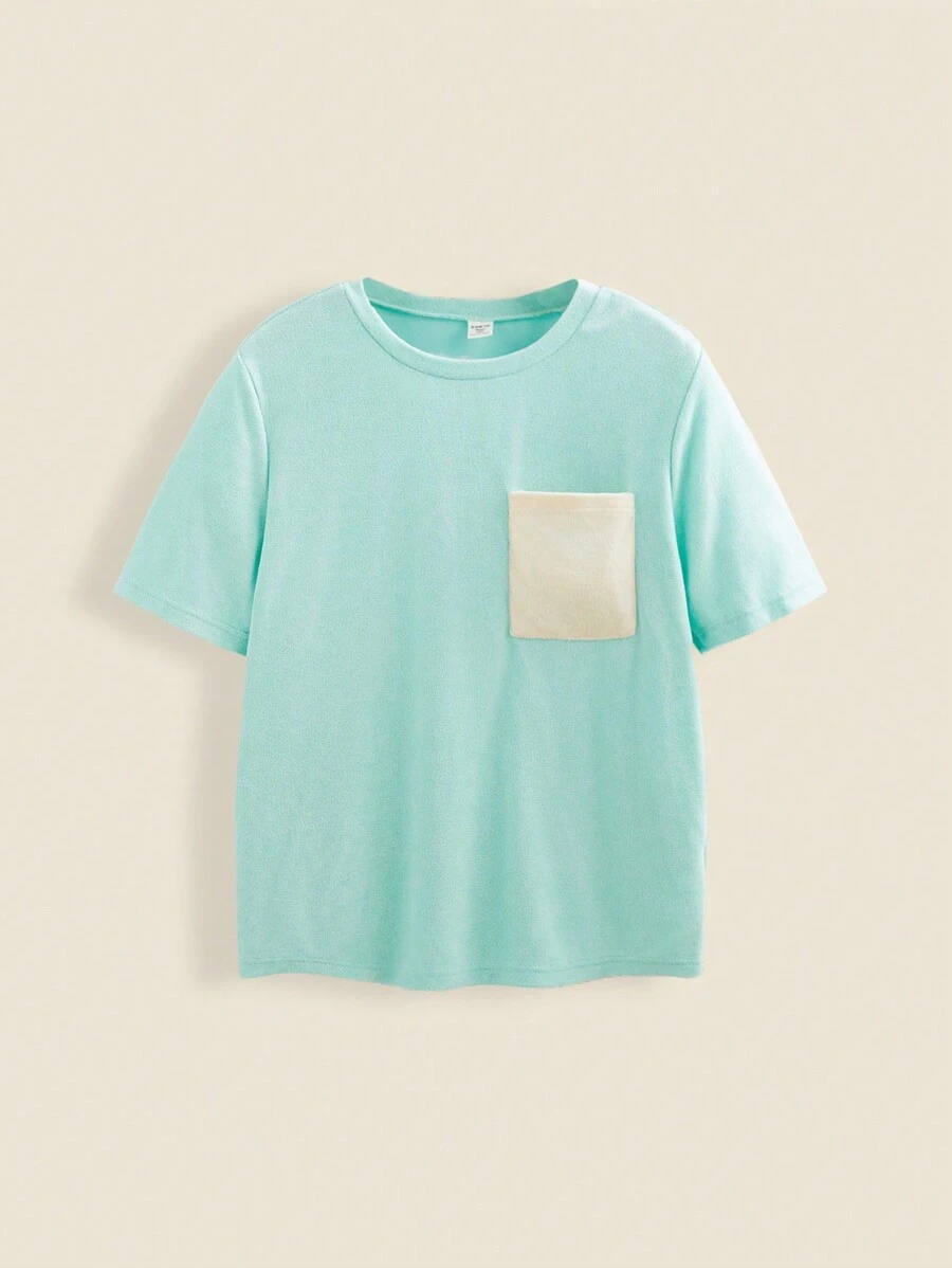 SHEIN Teens Boys' Contrast Color Pocket Soft Terry Crew Neck Loose Casual T-Shirt For Back To School Season - Green - View 1