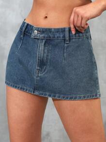 SHEIN ICON Solid Button Mini Denim Skirt For Summer - Dark Wash - View 7