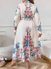 Celure Plus Size Floral Printed Belted Casual Loose Long Sleeve Dress Maxi Women Outfit Fall Cloth For Women