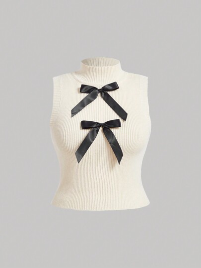 SHEIN MOD Plus Size Sleeveless Cream-Colored Top With Stand Collar And Bow Decoration