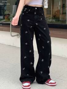 DAZY Bow Print Zipper Fly Wide Leg Jeans
