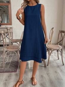 EMERY ROSE Váy mùa hè chữ A cổ tròn không tay đơn giản dành cho nữ - Màu xanh hải quân - Xem 4