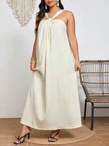 INAWLY Plus Solid Halter Dress For Summer Vacation - Beige - View 4