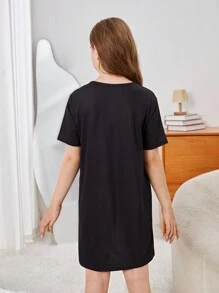 SHEIN Tween Girl Slouchy Summer Short Sleeve Sleep Dress, Loose & Comfortable Knitted Skin-Friendly Home Wear, Bear Printed