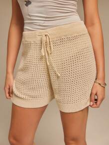 SHEINNeu Women's Plain And Simple Daily Wear Sweater Pants,Gingham Shorts,Casual Summer Dress - Apricot - View 5