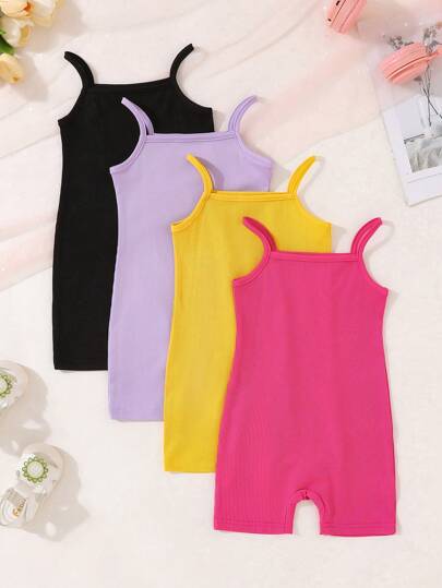 Conjunto de 4 piezas de mamelucos cómodos y casuales con tirantes y pantalones cortos para bebé niña, adecuado para uso diario y vacaciones de verano