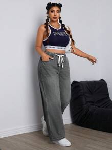 SHEIN ICON Plus Size Women's Drawstring Waist Wide Leg Loose Fit Casual Boyfriend Jeans With Pockets - Light Grey - View 3