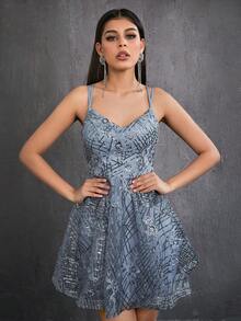 Mgiacy Sparkly Embroidered Camisole With Back Ties, Sexy Backless Short Party Dress