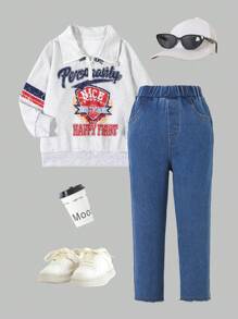 SHEIN Juego de ropa casual para el día a día, jeans de estilo deportivo universitario y sudadera de manga larga con estampado de letras, para otoño/invierno - 2 piezas - Beis - Ver 1