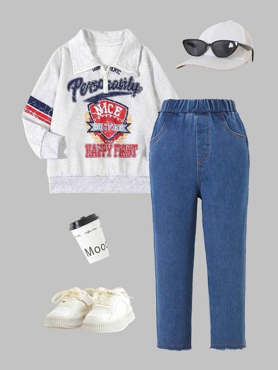 SHEIN Juego de ropa casual para el día a día, jeans de estilo deportivo universitario y sudadera de manga larga con estampado de letras, para otoño/invierno - 2 piezas - Beis - Ver 1