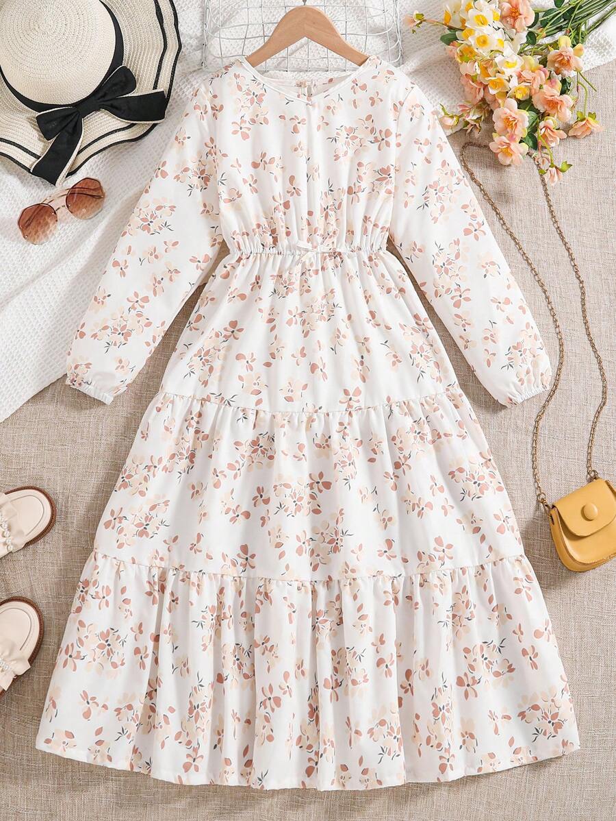 Nautinati Girls' Georgette All-over Floral Applique & Print Ruffled A-Line Dress