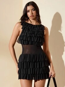 SHEIN BAE 夏季黑色純色無袖透明緊身連衣裙，帶交錯肩帶，多層褶邊和露背設計 - 黑色 - 查看 7