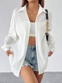 SHEIN PETITE Shirts White Casual Drop Shoulder Button Front Beach Shirt - White - View 6