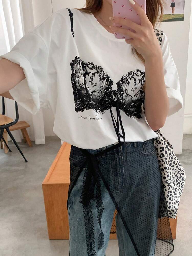 Women's Summer Bowknot Loose Drop Shoulder Tee With Printed Round Neckline Graphic Tee Easter