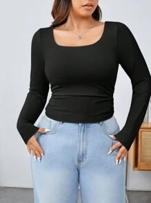 SHEIN EZwear Women's Plus Size Knitted Long Sleeve Solid Color Slim Fit T-Shirt With Square Neckline