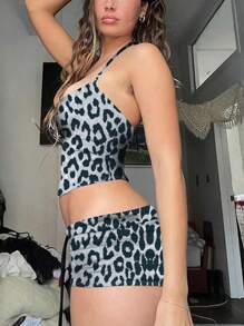 SHEIN ICON Set áo dây crop top & quần short họa tiết da báo - Nhiều màu - Xem 3