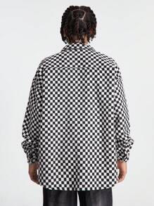 Manfinity VCAY Men's Loose Long Sleeve Plaid Shacket, Black And White Color Block Preppy Plaid Shacket