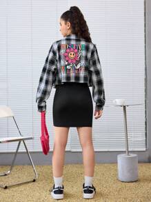 SHEIN Conjunto de dos piezas para niña adolescente con blusa de cuello impreso y tejido a cuadros, y vestido tipo camiseta