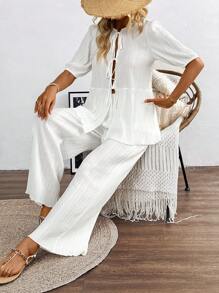 SHEIN LUNE 2024 Spring And Summer White Plain Textured Fabric Bow-Tied Loose Puff Sleeve Shirt + Casual Elastic Waist Wide-Leg Pants Set - White - View 6