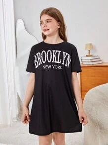 SHEIN Tween Girl Slouchy Summer Short Sleeve Sleep Dress, Loose & Comfortable Knitted Skin-Friendly Home Wear, Bear Printed