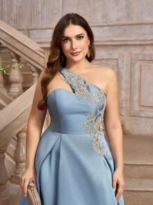 SHEIN Belle Elegant And Graceful Plus Size Women's Dress, Misty Blue Satin Dress With Asymmetric Gold Thread Appliques, High Waist With Pleats Detail, Umbrella Dress Skirt Perfect For Afternoon Tea, Cocktail Party, Dance Or Any Formal Events Prom Semi Formal Wedding Guest Dress, For Birthday, Graduation, Homecoming - Blue - View 3