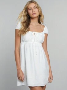 Easelle Đầm Xù Thắt nơ trước Nếp gấp Phần Ngực màu trơn Giải trí - trắng - Xem 4