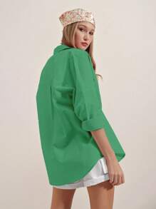Cottnline Solid Button Up Drop Shoulder Shirt - Green - View 4