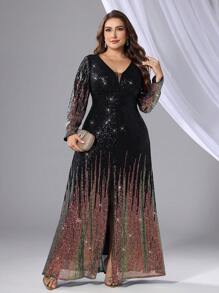 Vestido de fiesta de noche formal y elegante para eventos de talla grande, con manga larga, para graduación, cena o boda - Multicolor - Ver 1