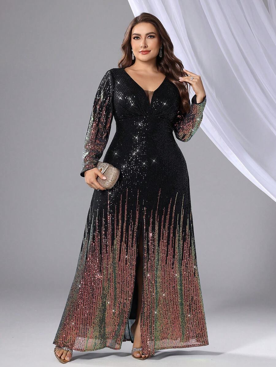 Vestido de fiesta de noche formal y elegante para eventos de talla grande, con manga larga, para graduación, cena o boda - Multicolor - Ver 1