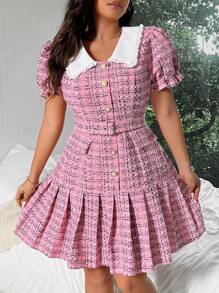 Flirla Plus Size Peter Pan Collar Puff Sleeve Dress With Ruffles Hemline - Pink - View 5