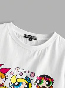 THE POWERPUFF GIRLS X SHEIN 大碼卡通印花短袖休閒T恤，夏季