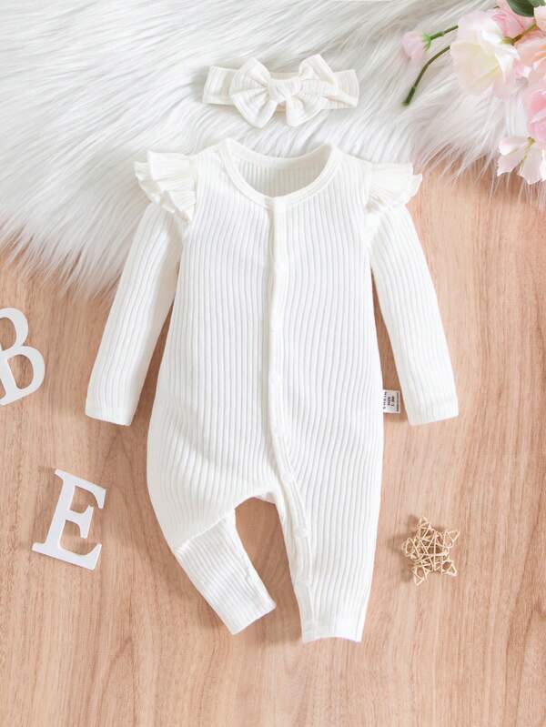 SHEIN Newborn Baby Girl Solid Color Long Sleeve Jumpsuit With Ruffle Trim And Footed Pants Cute Baby Pajamas