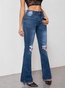 SHEIN EZwear Women Slant Pocket Ripped Flare Leg Jeans