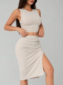 SHEIN PETITE Apricot Knitted Gathered Drawstring Two-Piece Set - Apricot - View 8