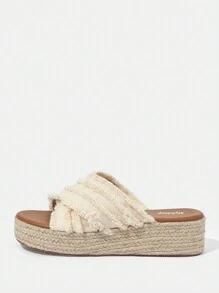 Styleloop Women's Casual Flat Sandals With Fuzzy Trim - Beige - View 2