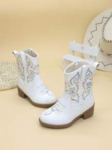 botas para niñas - botas vaqueras del oeste bordadas de caña alta/media, punta puntiaguda, cremallera lateral y tacones altos - Blanco - Ver 4