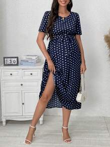SHEIN Pregnant Women's Polka Dot Print Simple Daily Short Sleeve Dress For Maternity - Navy Blue - View 3