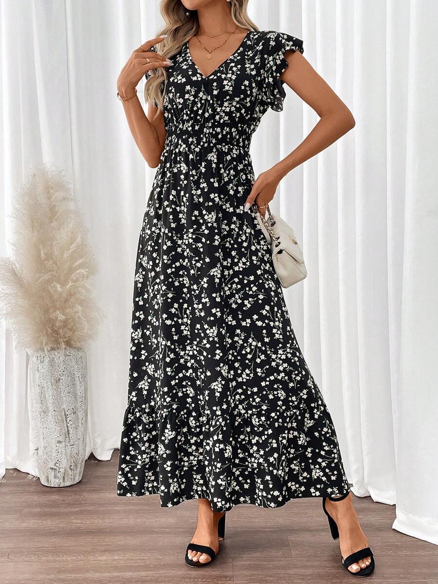 SHEIN Clasi 女士短袖花卉連衣裙 - 黑色 - 查看 1