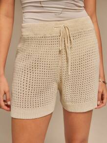 SHEINNeu Women's Plain And Simple Daily Wear Sweater Pants,Gingham Shorts,Casual Summer Dress - Apricot - View 3