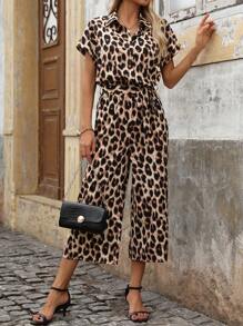 EMERY ROSE Women's Summer Leopard Print Short Sleeve Jumpsuit