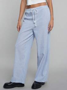 SHEIN EZwear 条纹亚麻女式低腰裤，夏季假期 - 藍白色 - 查看 3