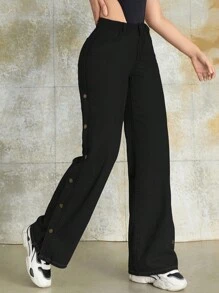 Rave Y2K街頭高腰金屬扣側斜口袋寬腿牛仔褲，日常舒適丹寧布褲 - 黑色 - 查看 4