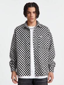 Manfinity VCAY Men's Loose Long Sleeve Plaid Shacket, Black And White Color Block Preppy Plaid Shacket