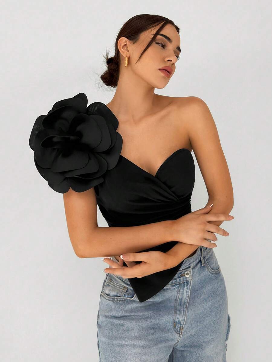 Aloruh Women's Elegant One Shoulder 3D Flower Decorated Asymmetric Hem Black Top,Women's Social Blouse,Elegant Women's Blouses,Ceremony,Graduation,Weddings & Events,Birthday Party Top - Black - View 1