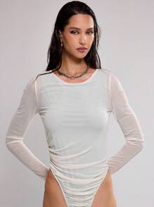 MUSERA Mesh Ruched Contrast Layer Bodysuit Casual Spring Summer Vacation Easter - Green - View 2