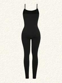 SHEIN EZwear Women'S Knitted Spaghetti Strap Tight Jumpsuit Unitard - Black - View 3