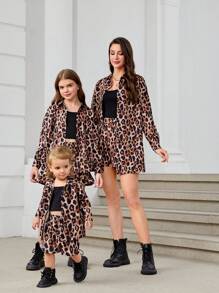 SHEIN Essnce Women's Summer Or Fall OutfitsLeopard Print Long Sleeve Button Up Shirt And Stylish Loose Casual Shorts, 2pcs/Set Button Down Shirt  - Mommy And Me Matching Outfits (Sold Separately) - Multicolor - View 6