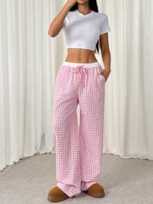 SHEIN EZwear 粉白色格子印花口袋休閒直筒褲 - 粉色 - 查看 3