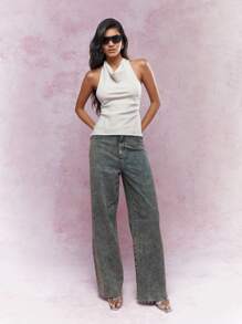 MISSGUIDED Linen Halter Neck Backless Top - Apricot - View 4