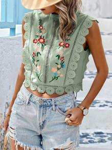 SHEIN LUNE Chemisier en dentelle de guipure avec broderie florale - Vert olive - Voir 1